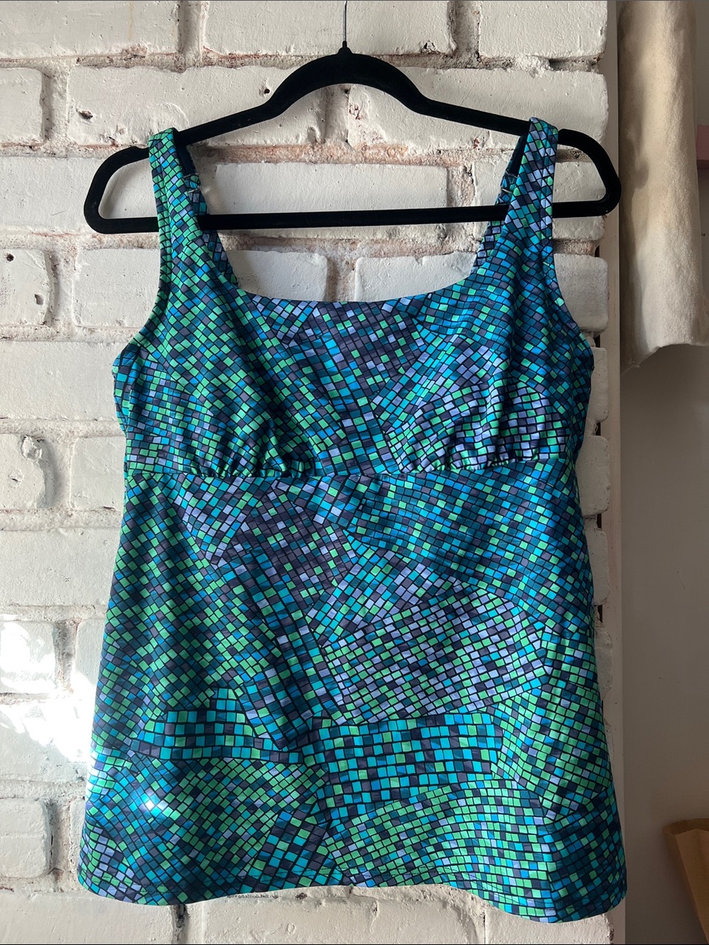 Lands' End Teal and Blue Mosaic Tank - Square Neck Tankini top geometric pattern